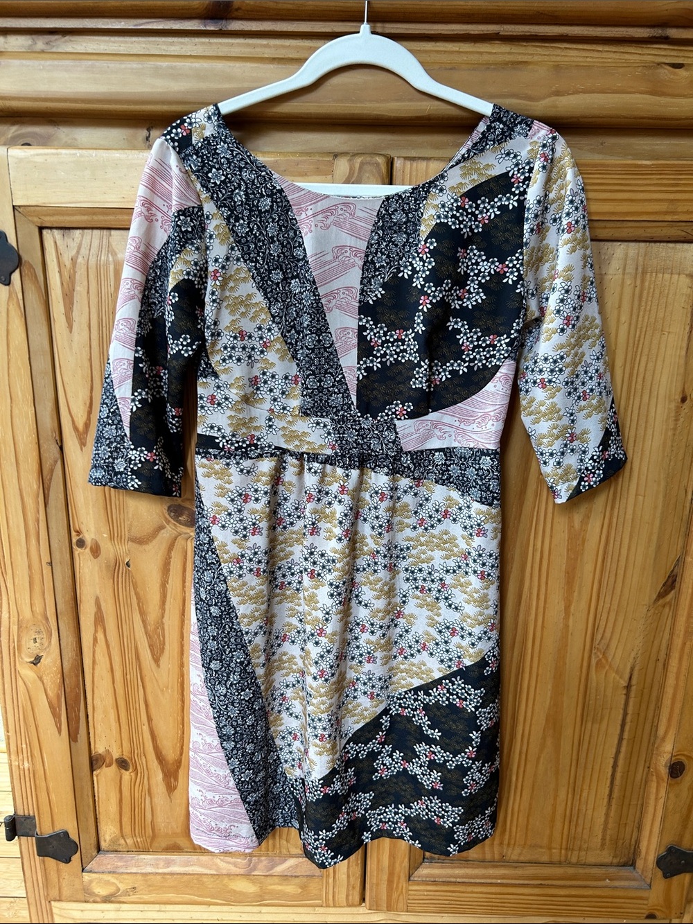Nom Black Gold Pink Floral Patchwork Print Rayon Dress Short‎ Sleeve Boho